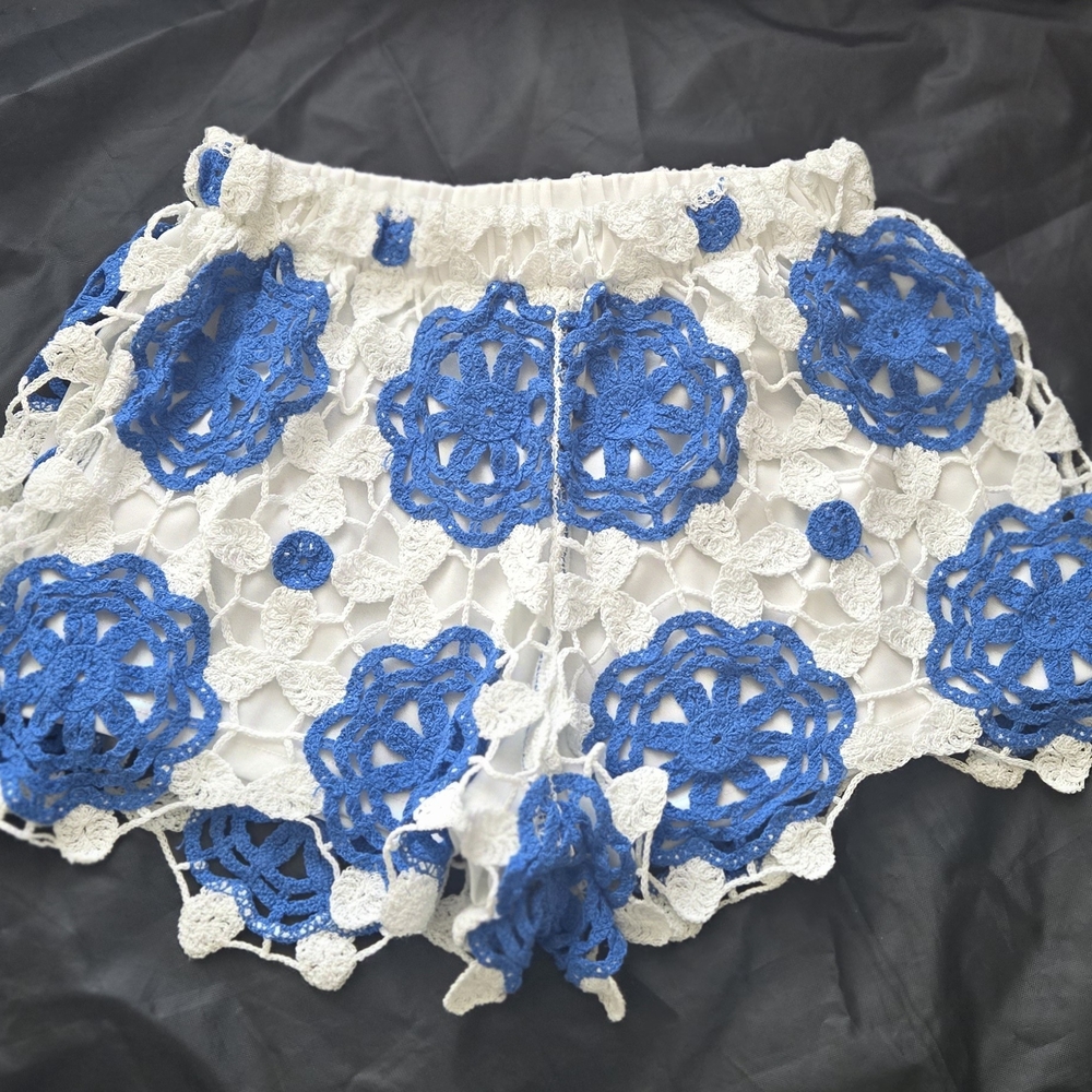 Rebellion High Waist Crochet Shorts - Blue & White